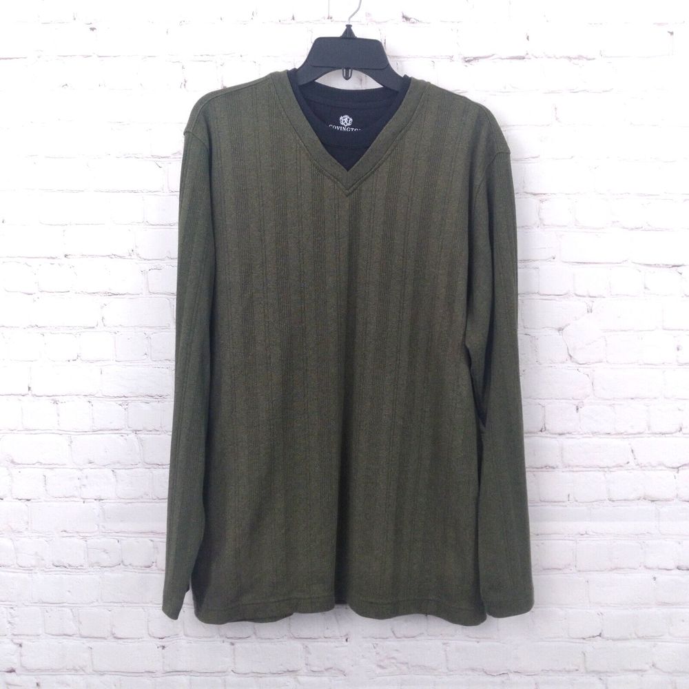 Covington Sweater Men Large Green Black Long Sleeve Ribbed Layered Look Pullover